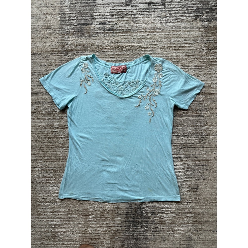 JWLA Johnny Was Women Sz XL Light Turquoise Embroidered Floral Scoop Neck Shirt